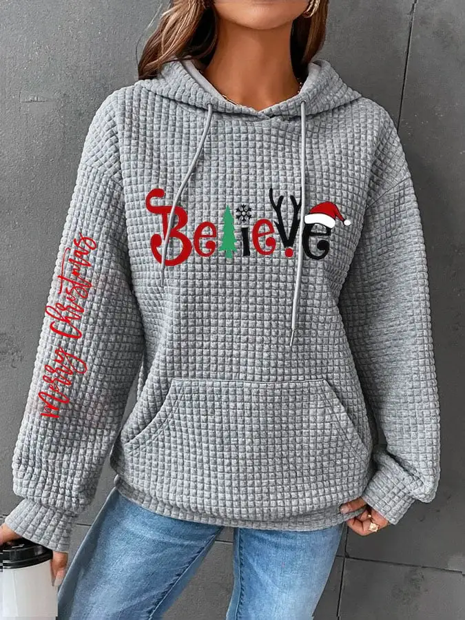 Women's Merry Christmas Christmas Believe Casual Waffle Hoodie