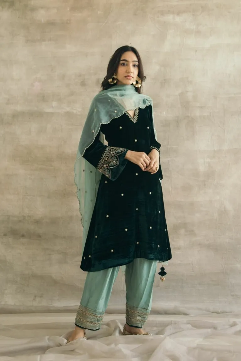 Bottle Green Silk Velvet Contrast Kurta Set