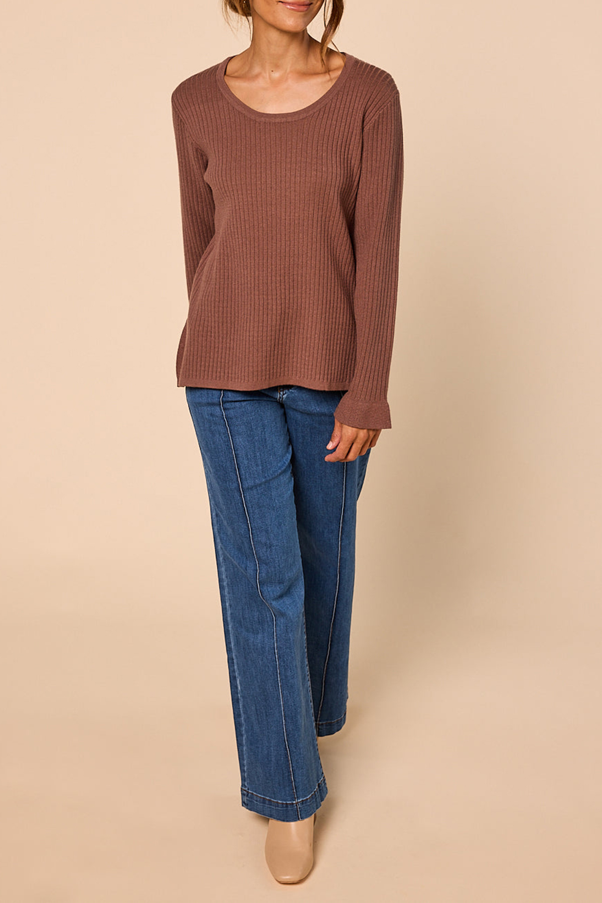 Long Sleeve Knitted Top In Cacao