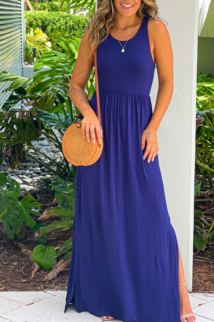 Navy Racer Back Maxi Dress With Side Slit