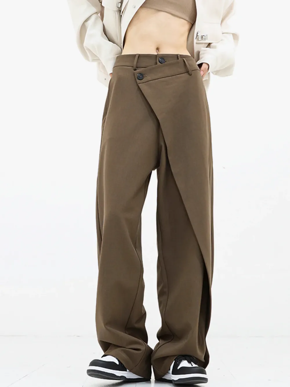 Asymmetrical Layer Button Wide Leg Dress Pants