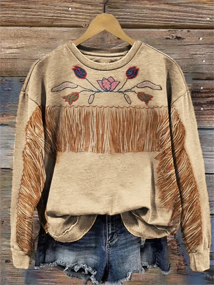 Floral & Fringe Western Art Casual Sweatshirt