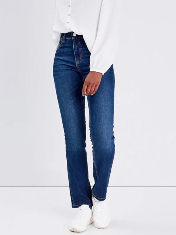 Jeans regular taille haute denim brut femme