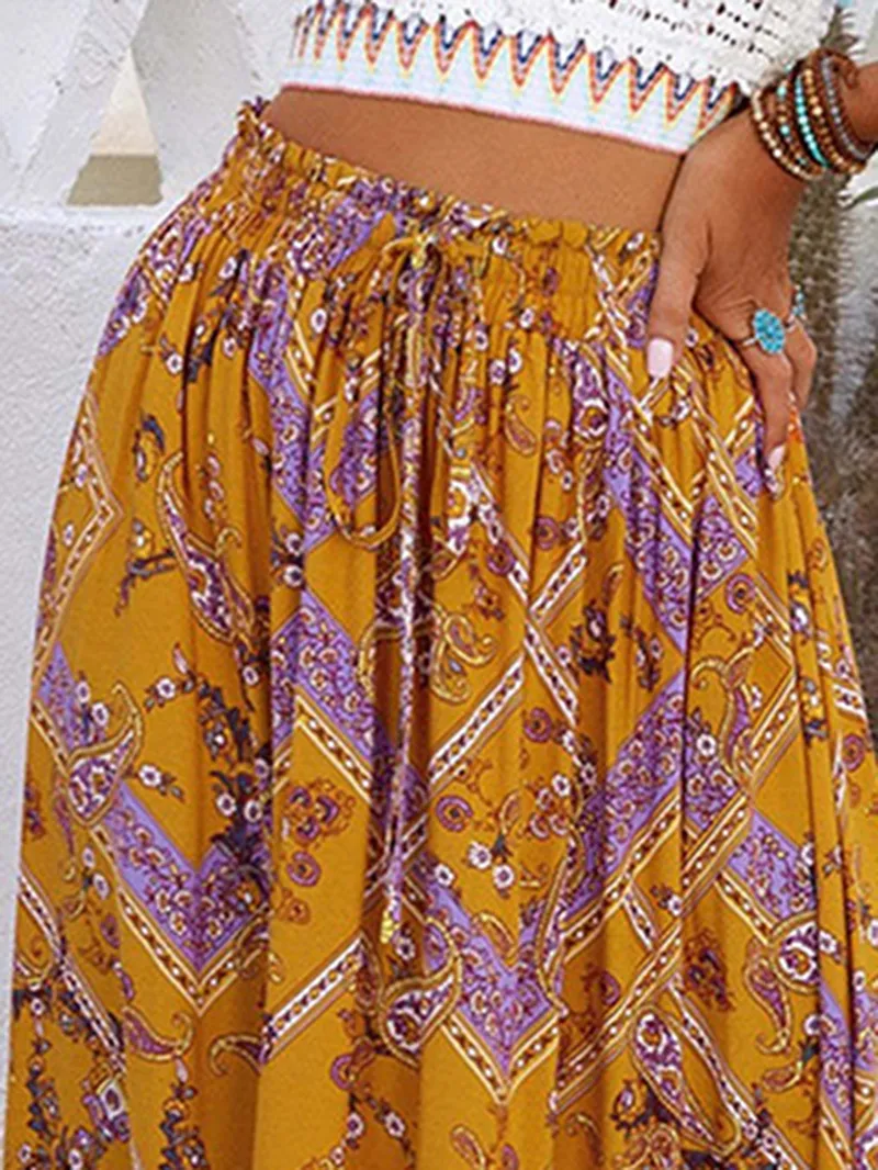 FLORAL PRINT RUFFLED DRAWSTRING MAXI SKIRT