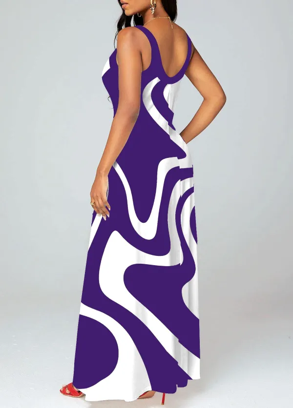 Geometric Print Criss Cross Purple Maxi Dress