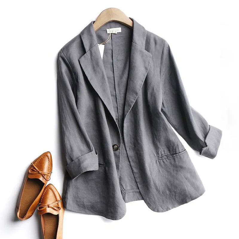 Thin 3/4-sleeve one-button linen blazer