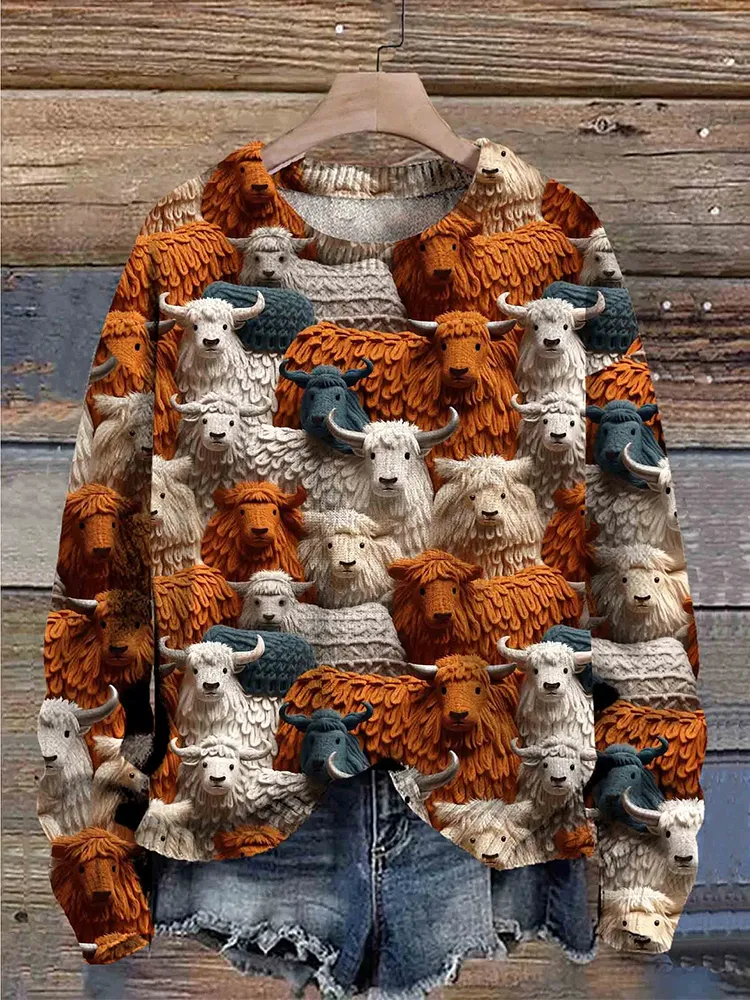 Highland Cow Print Casual Knit Pullover Sweater