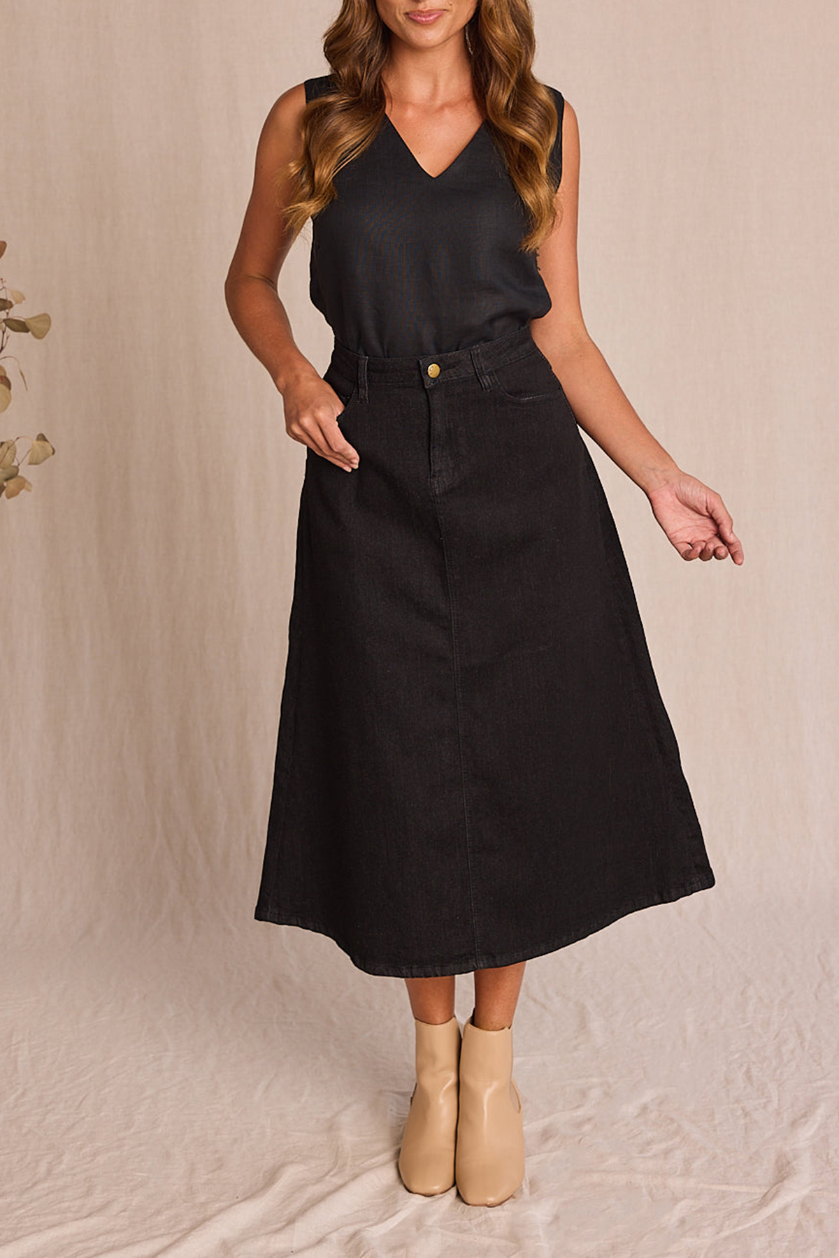 Adrift Denim A-Line Skirt in Black