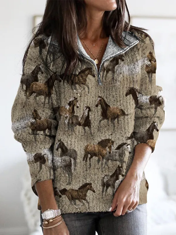 Western Wild Horses Pattern Zip Up Cozy Sweater