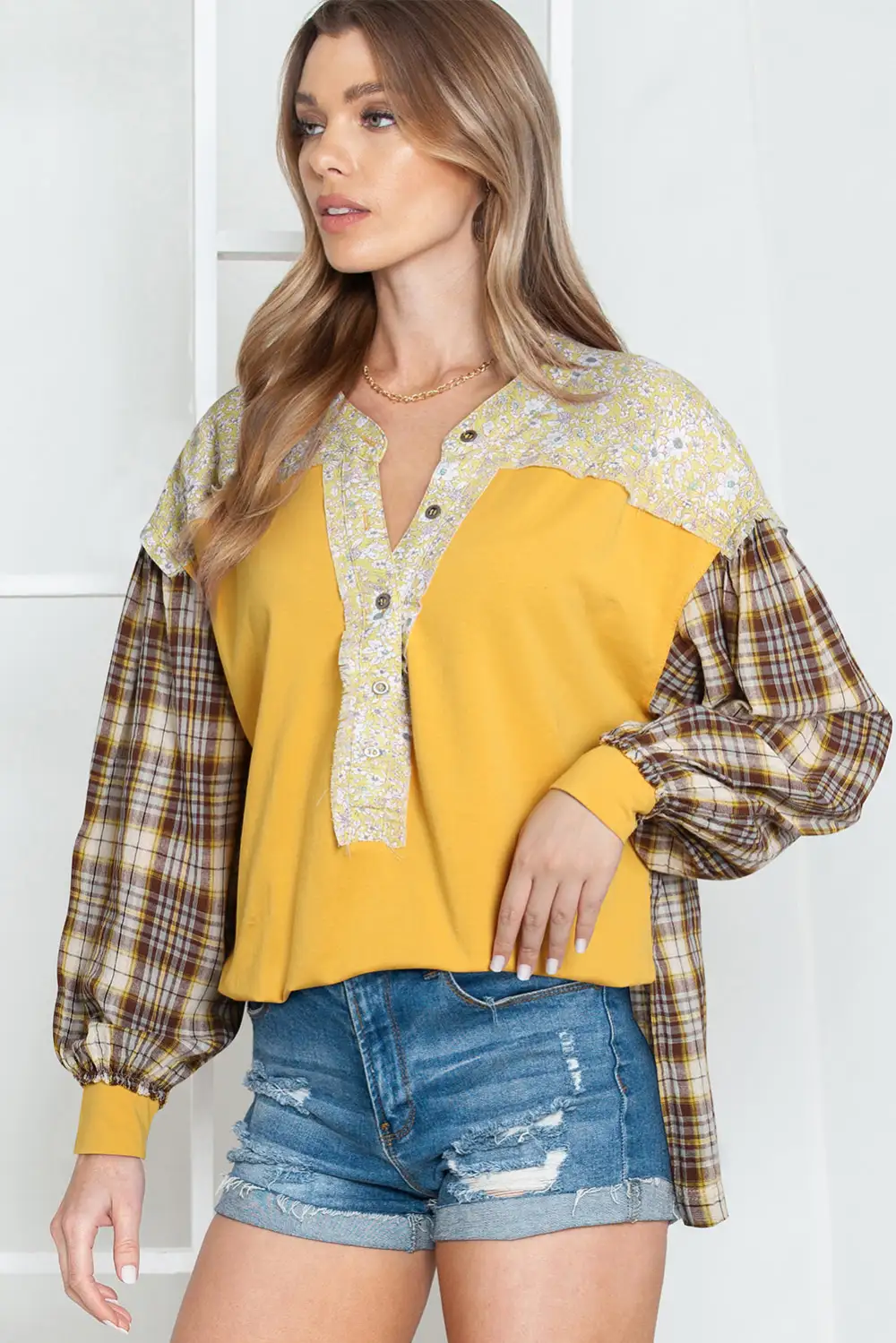 Yellow Floral Plaid Mixed Print Bishop Sleeve Patchwork Top