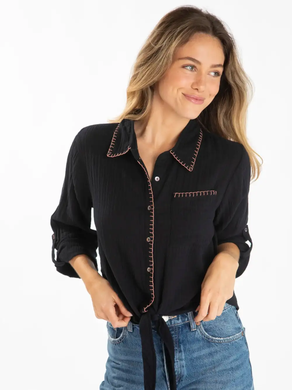 Lola Tie Cotton Button Down - Black