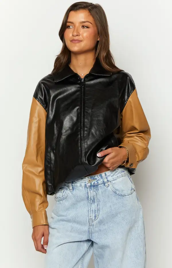 Abbi PU Black And Brown Contrast Bomber Jacket