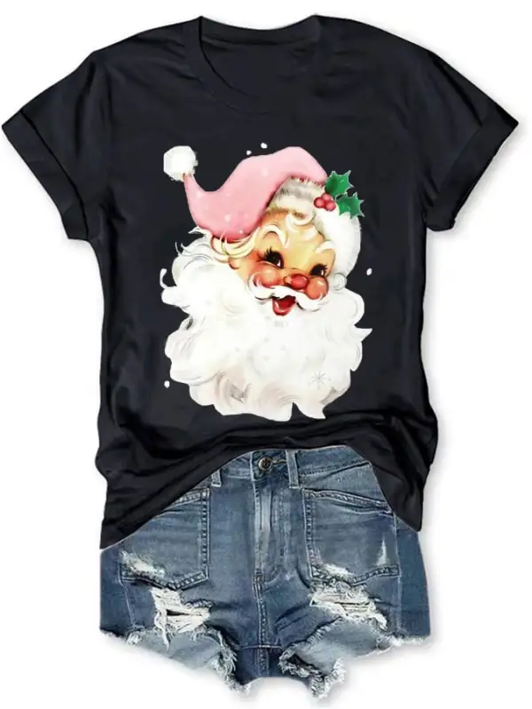 Christmas Retro Pink Santa Print T-Shirt