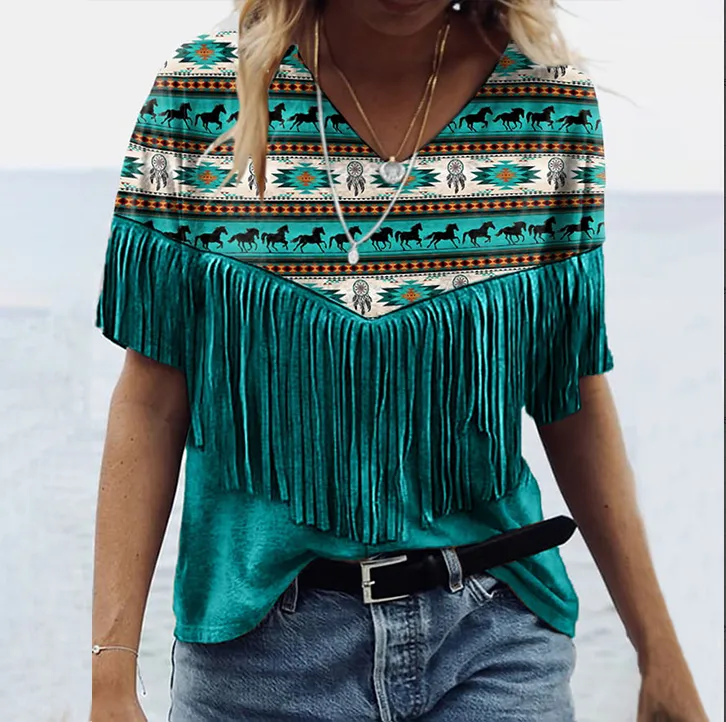 Western Fringe Print V-Neck Casual T-Shirt