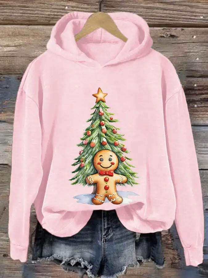 Women's Christmas Gingerbread Man Print Casual Hooded