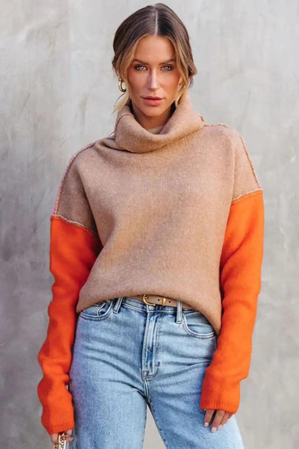 Color Block Turtle Neck Drop Shoulder Knit Sweater