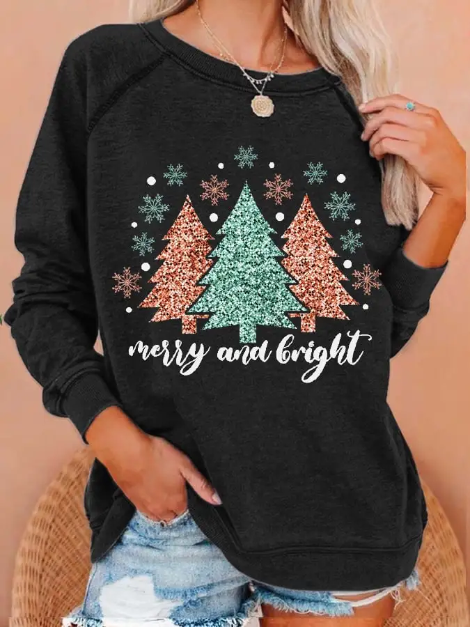 Women's Christmas Merry & Bright Christmas Tree Print Sweatshirt