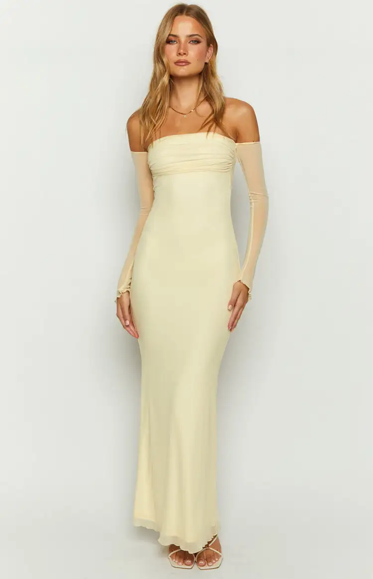 Odette Cream Long Sleeve Formal Maxi Dress