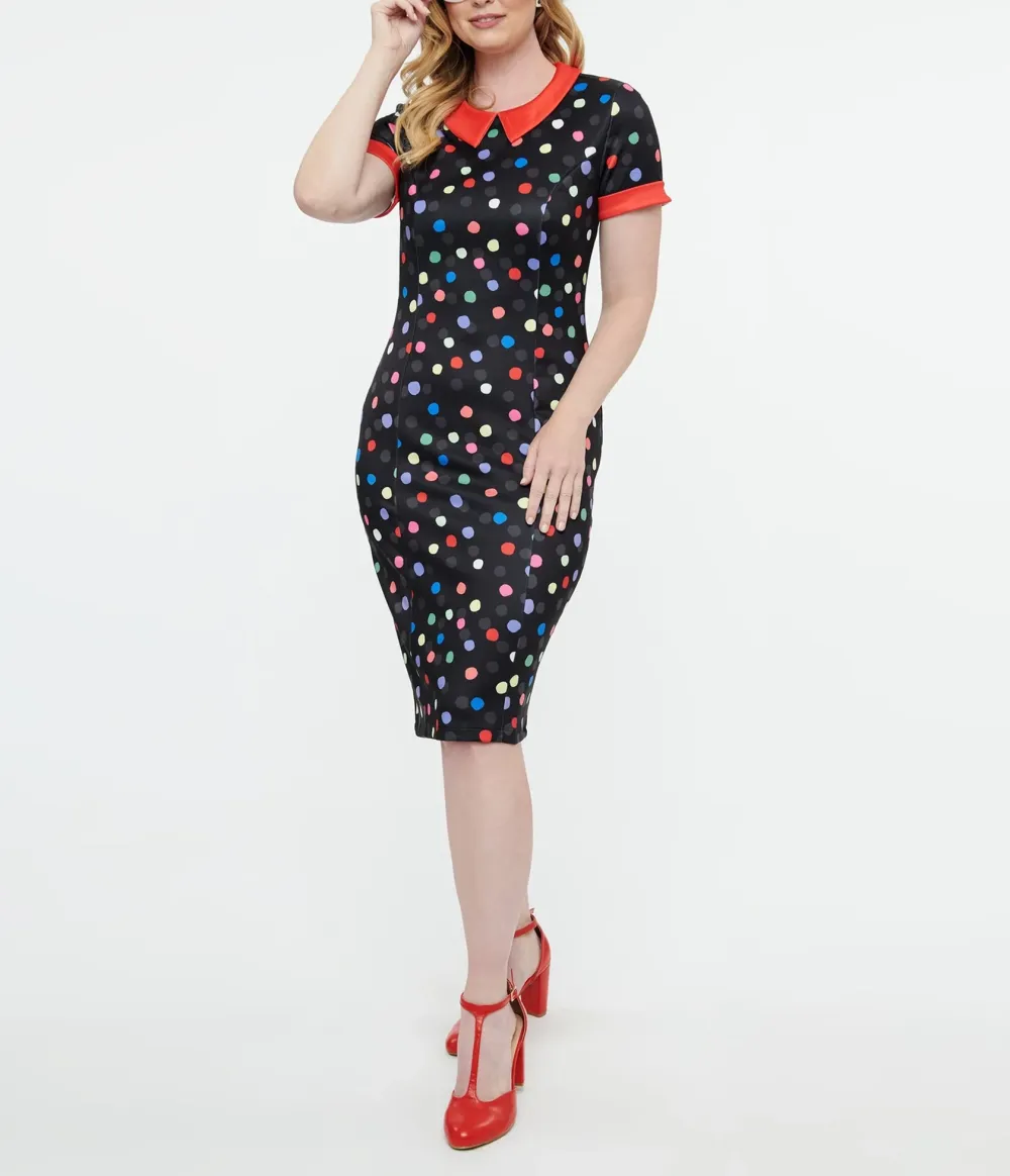 Dolly & Dotty 1950s Black & Rainbow Polka Dot Toni Wiggle Dress