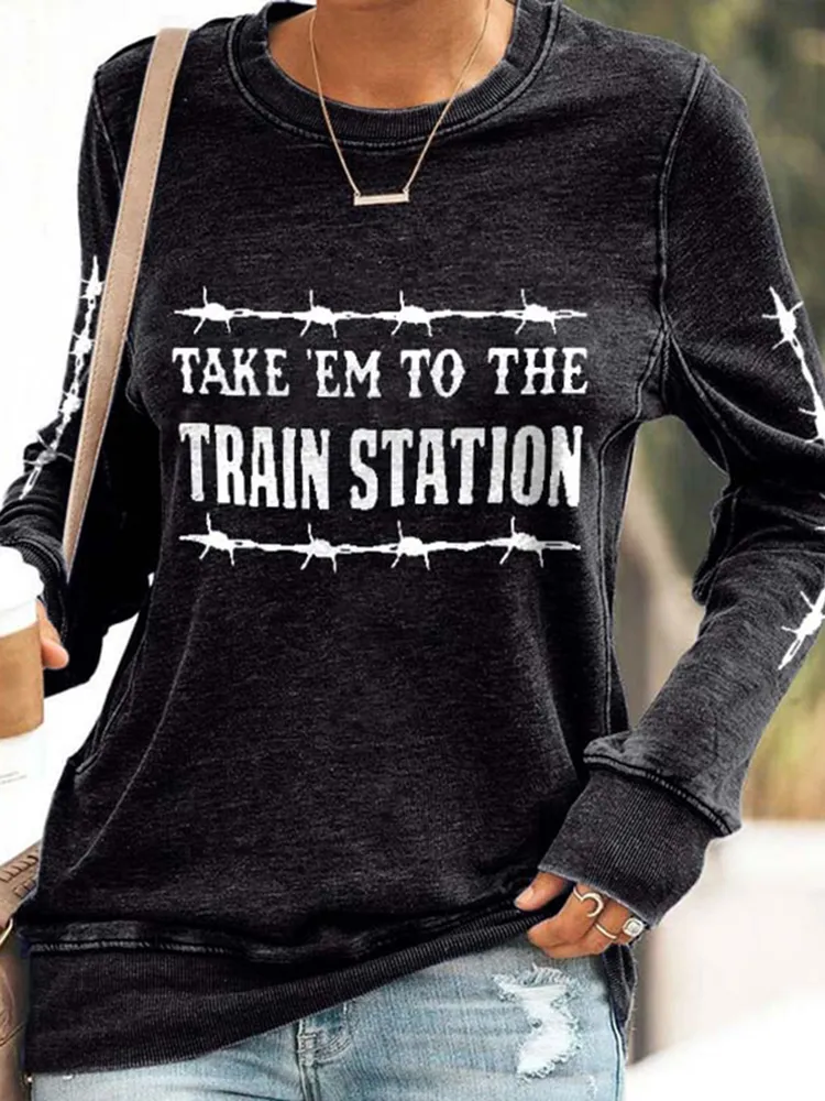 Western Letter Print Crewneck Sweatshirt