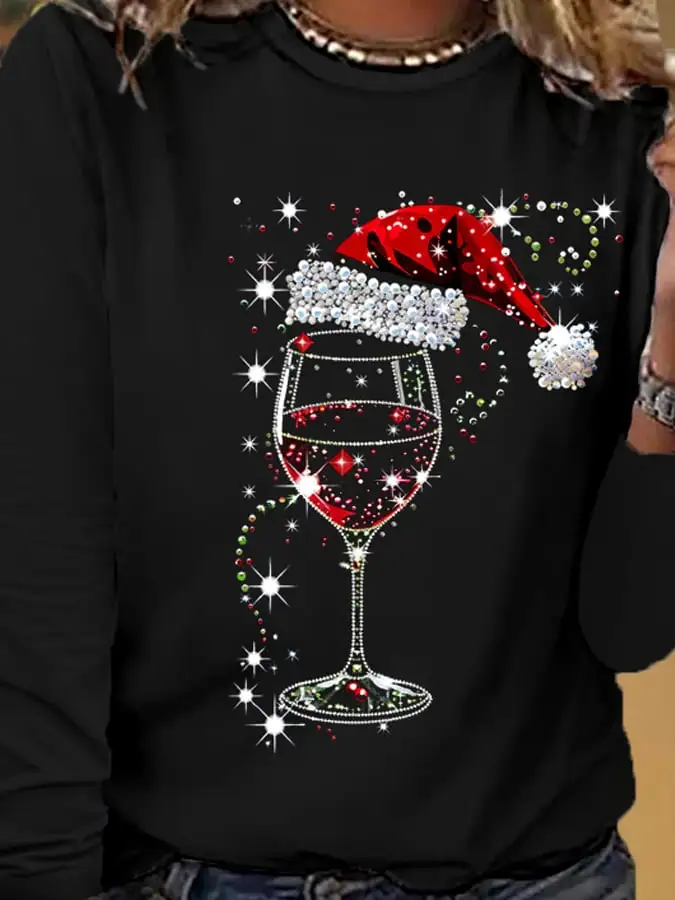 Women's Shiny Christmas Red Wine Glass Print Casual Long-Sleeve T-Shirt