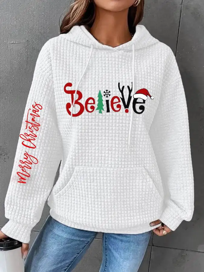 Women's Merry Christmas Christmas Believe Casual Waffle Hoodie