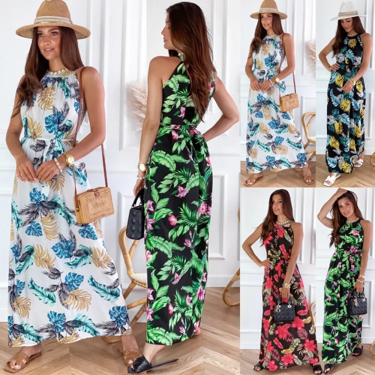 Women Summer Printed Romantic O-Neck Sleeveless Floral Print Beach Maxi Dress