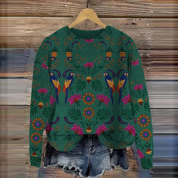 Women'S Retro Southwestern Floral Pattern Crew Neck Sweater