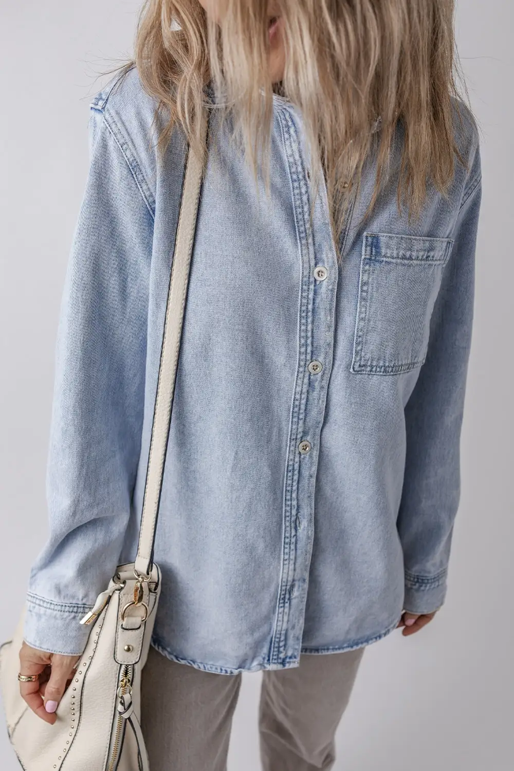 Beau Blue Long Sleeve Buttoned Chest Pocket Denim Shacket