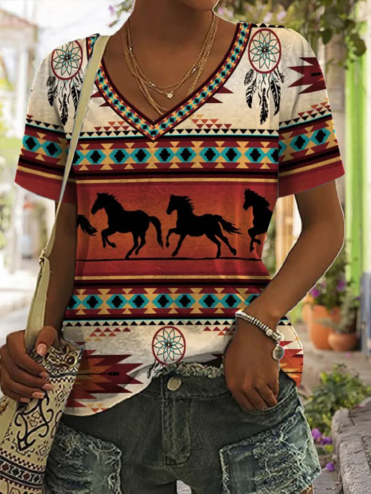 Western Print V-Neck Short Sleeve Casual T-Shirt