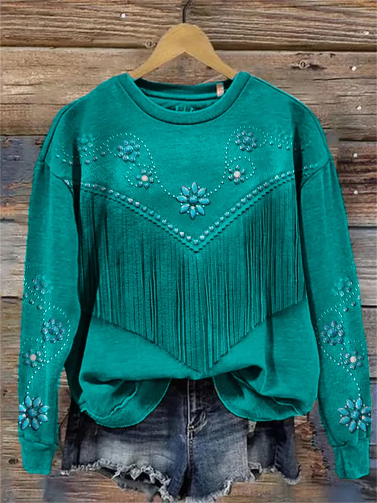 Western Turquoise Flowers Leather Art Sweatshirt