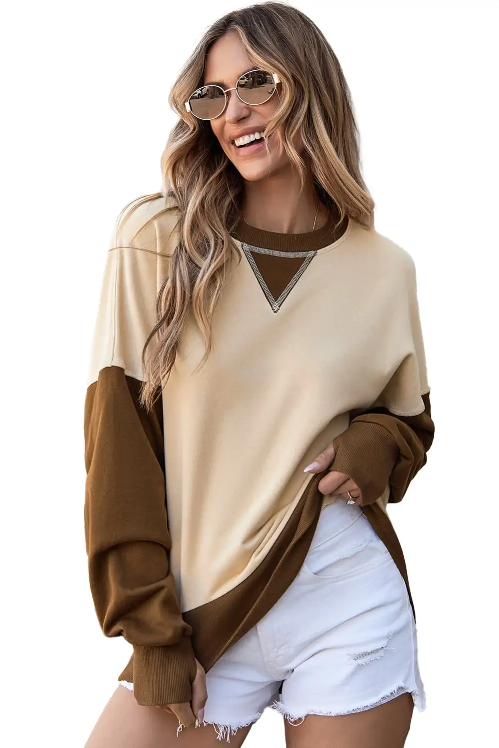 Apricot Color Block Thumbhole Sleeve Drop Shoulder Sweatshirt