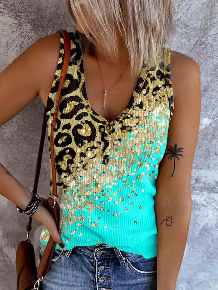 Leopard Print V-Neck Short Sleeve Tank Top