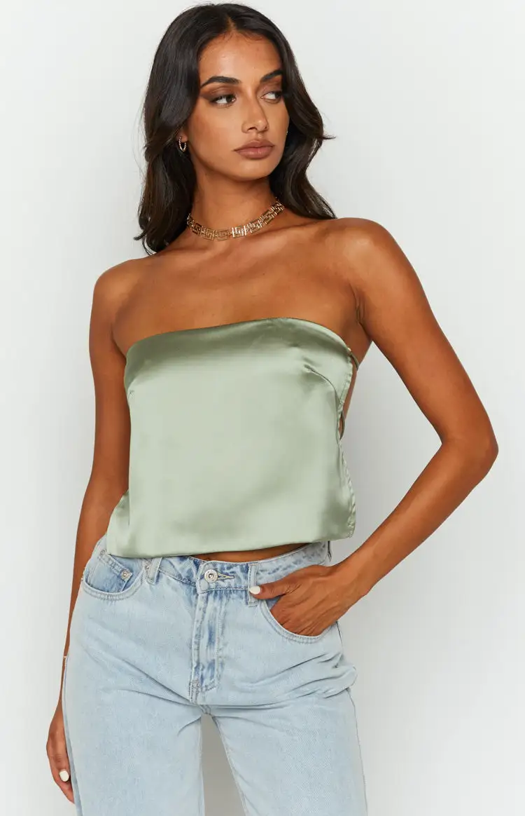 Ibiza Olive Satin Strapless Top