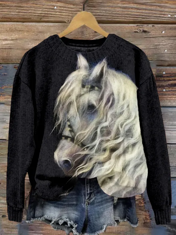 Horse Felt Art Graphic Crew Neck Cozy Knit Sweater