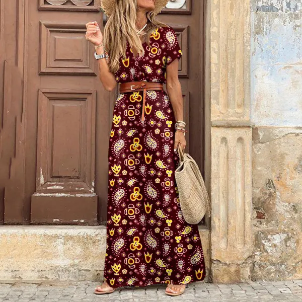 Short Sleeve V-Neck Print Maxi Dress