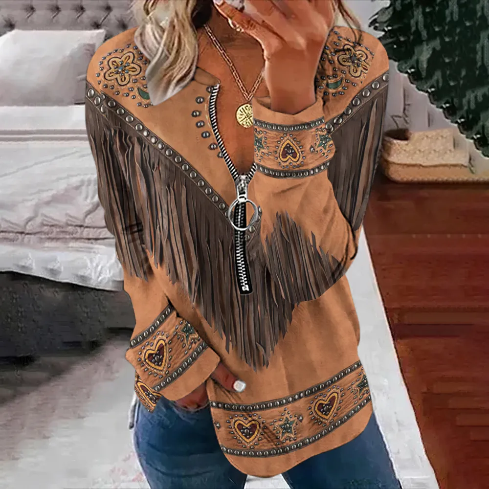 Western Tribal Tassel Printed Zip Up Sweatshirt