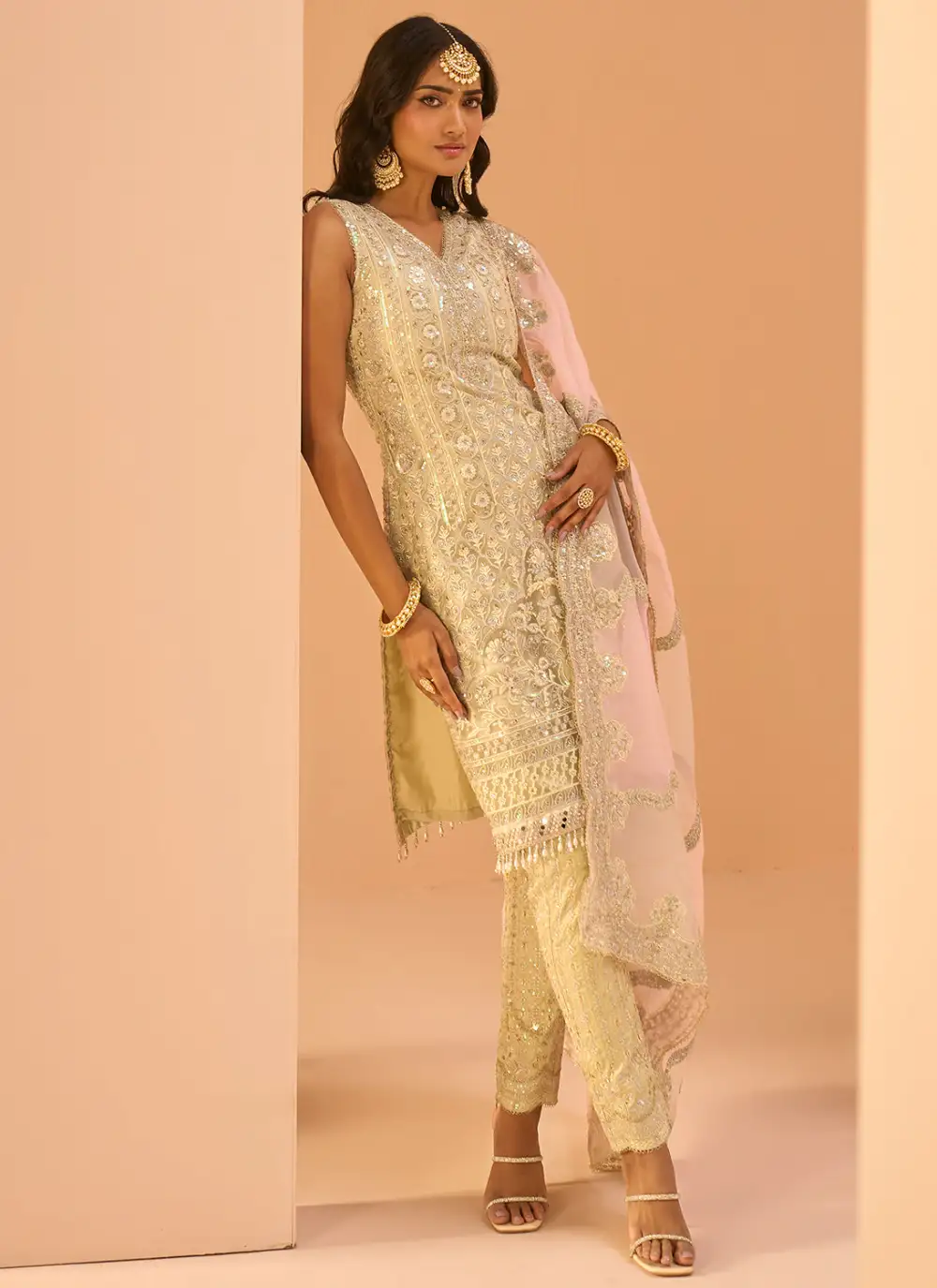 Light Yellow Embroidered Straight Suit