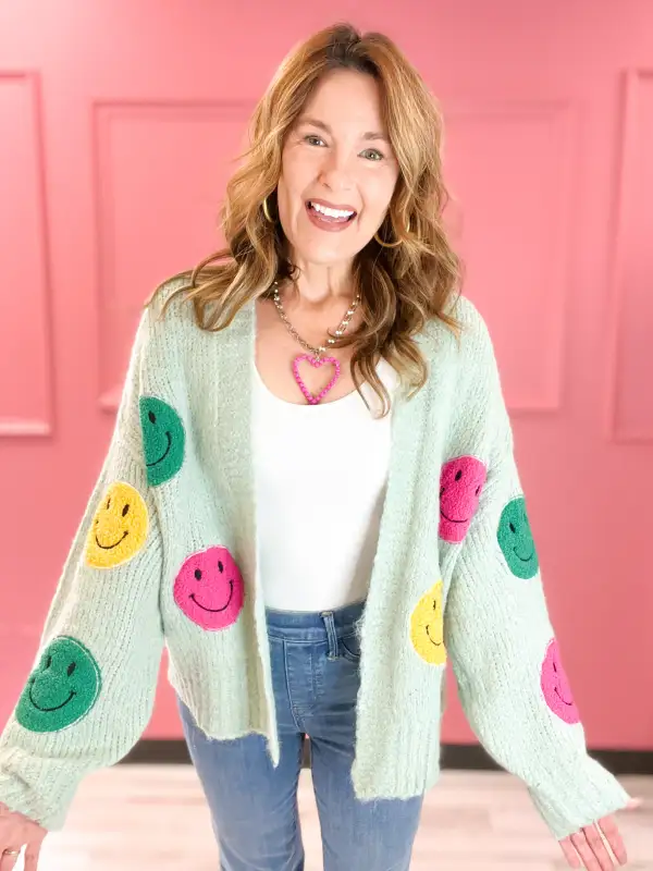 Fuzzy Wuzzy Smile Long Bell Sleeve Open Knit Cardigan Top