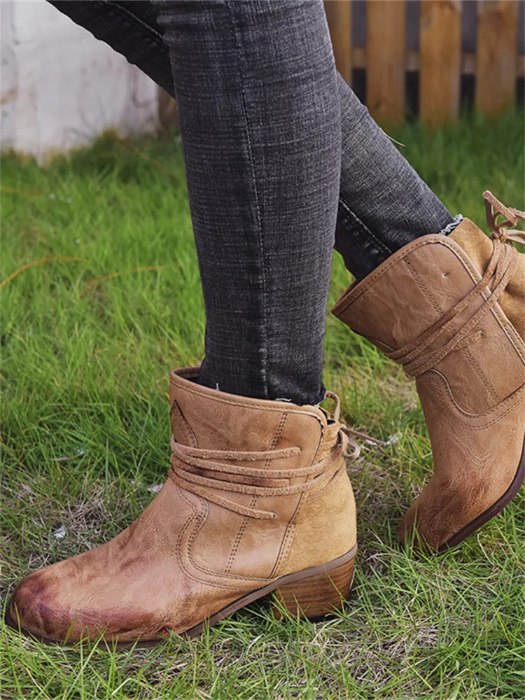 Laced Washed Leather Patchwork Ankle Boots