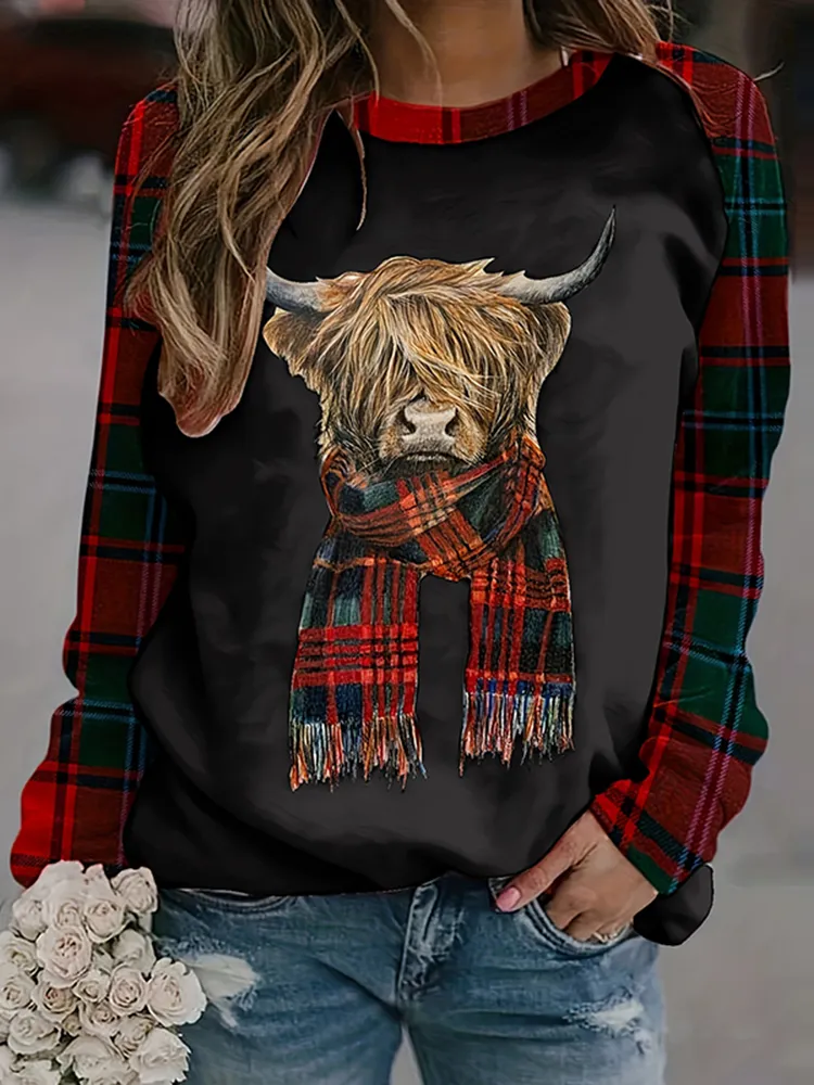 Women's Highland Cow Bull Head Print Casual Sweatshirt