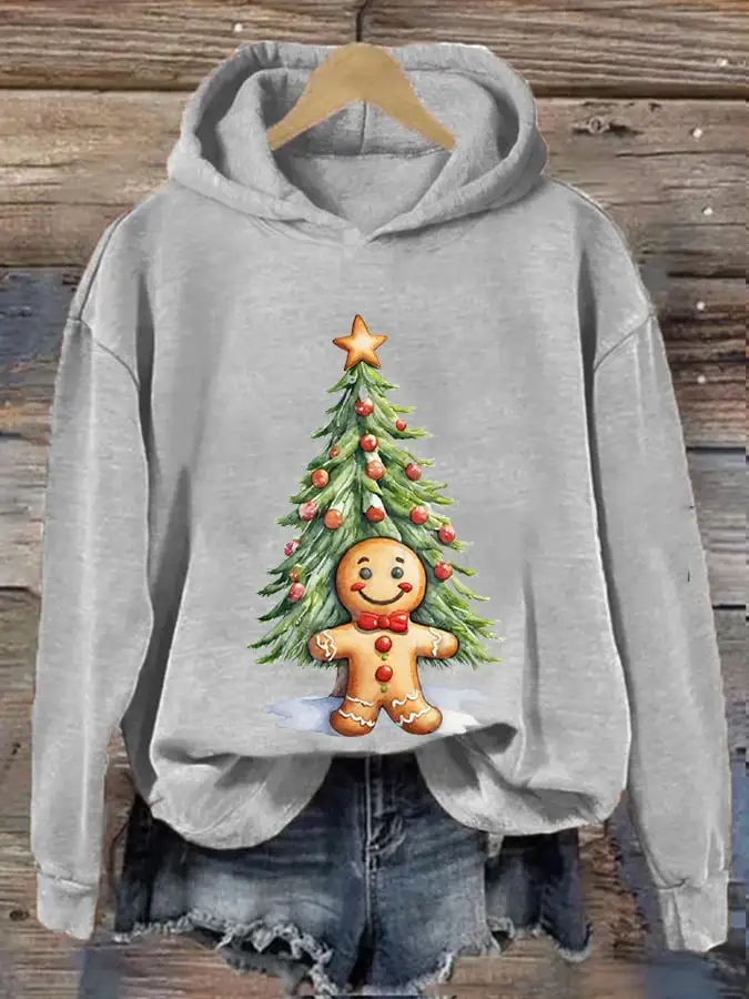 Women's Christmas Gingerbread Man Print Casual Hooded