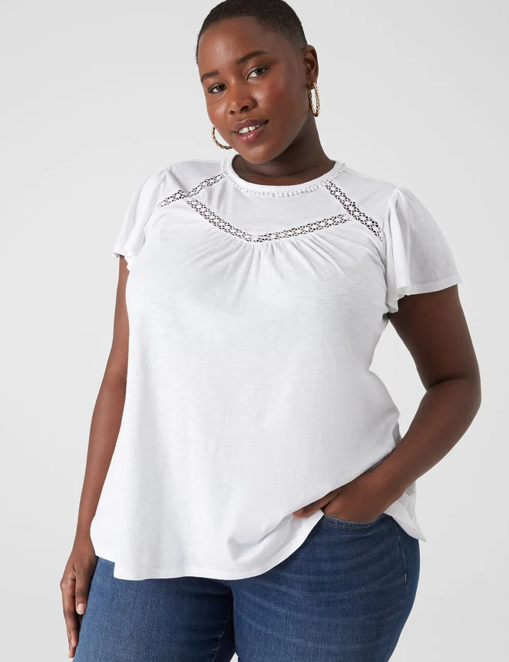 Swing High-Neck Lace-Trim Tee