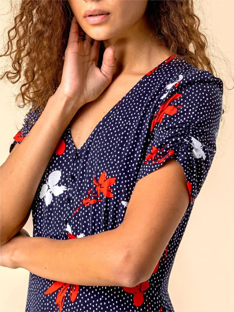 Navy Floral Spot Print Frill Stretch Dress