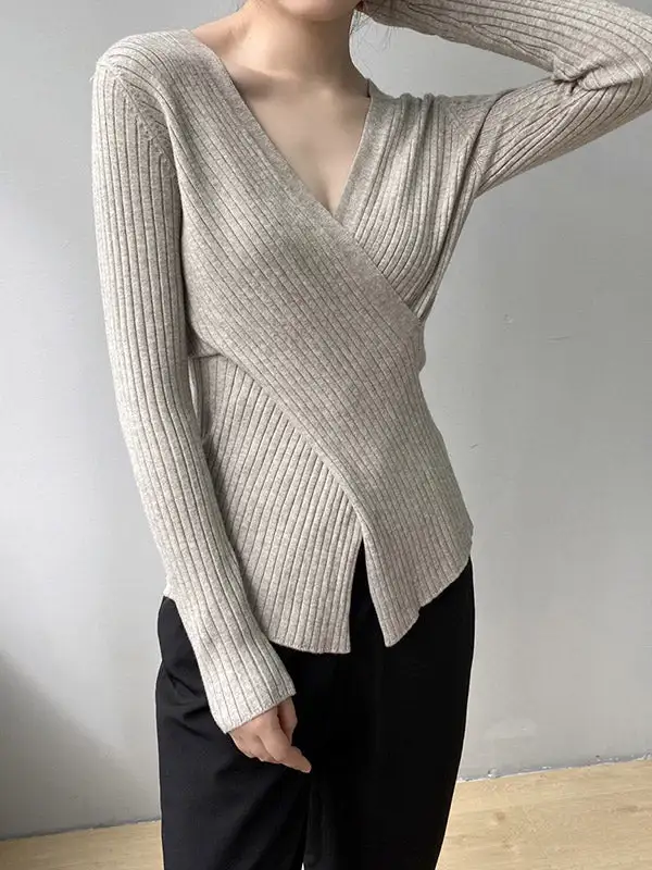 Chic Simple 5 Colors Split-Front V-Neck Long Sleeves Knitted Sweater Tops