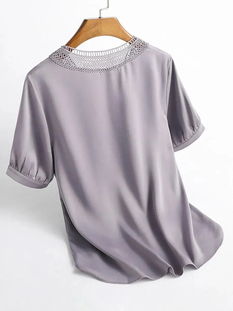 Women's elegant shirt with grey V-neck lace patchwork