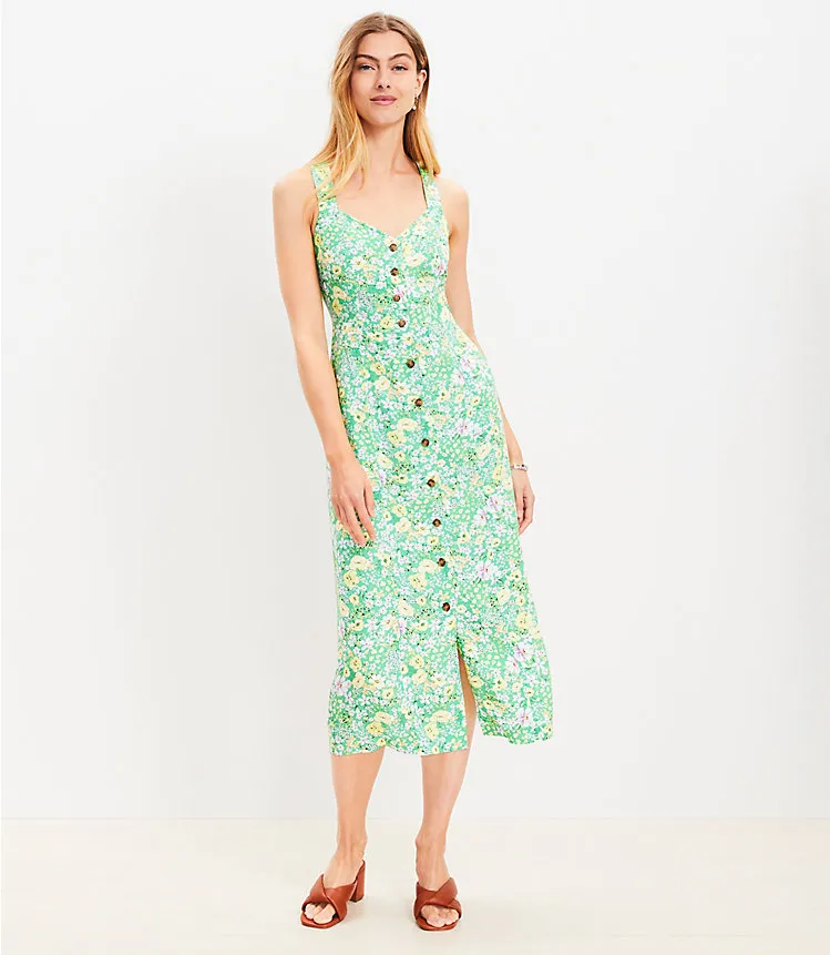 Floral Crossover Back Button Midi Dress