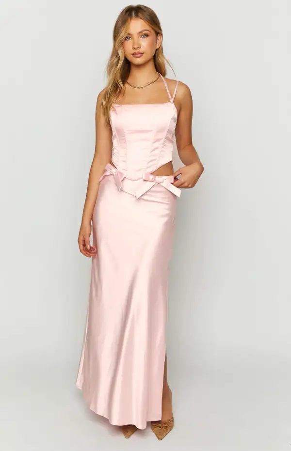 Azriel Pink Satin Bow Maxi Skirt