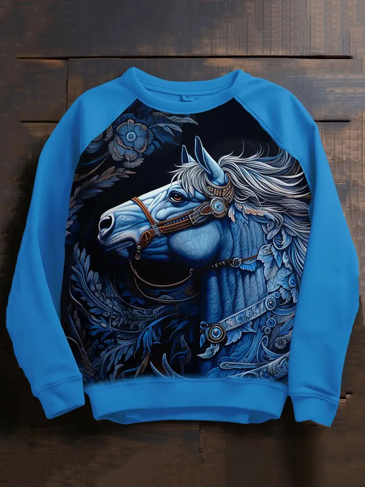 Western Horse Print Long Sleeve Sweatshirt