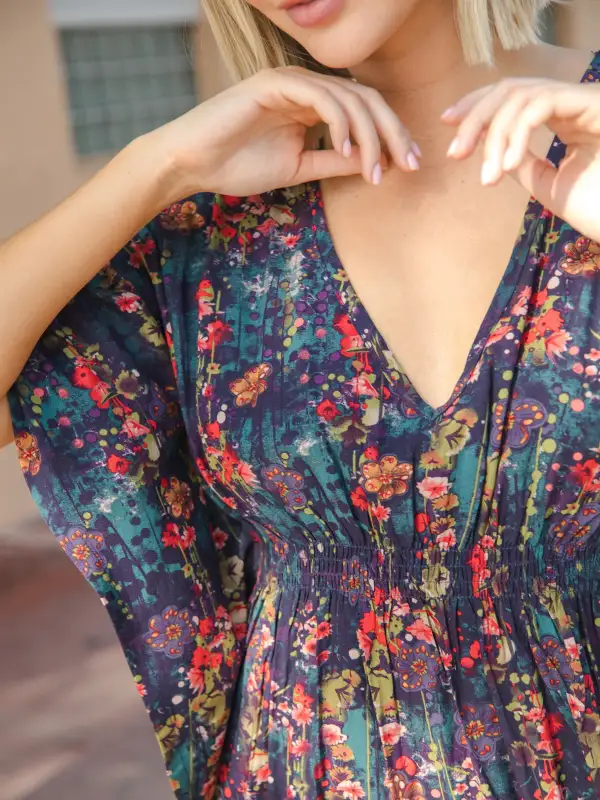 Sanibel Kaftan Mini Dress - Watercolor Indigo Floral